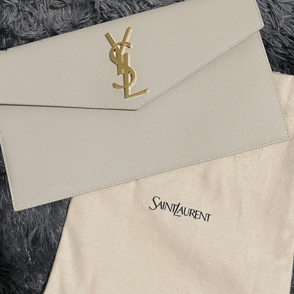 Saint Laurent Ivory Envelope Clutch with Gold Logo